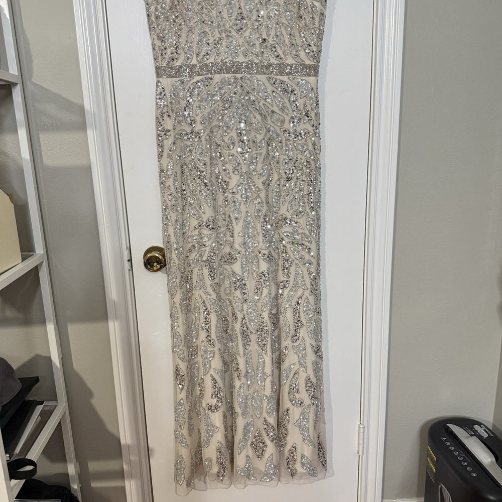 Mac Duggal Nude Silver Illusion Sheer Cap Sleeve Bead Sequin Belted Modest 5532 - Picture 6 of 16